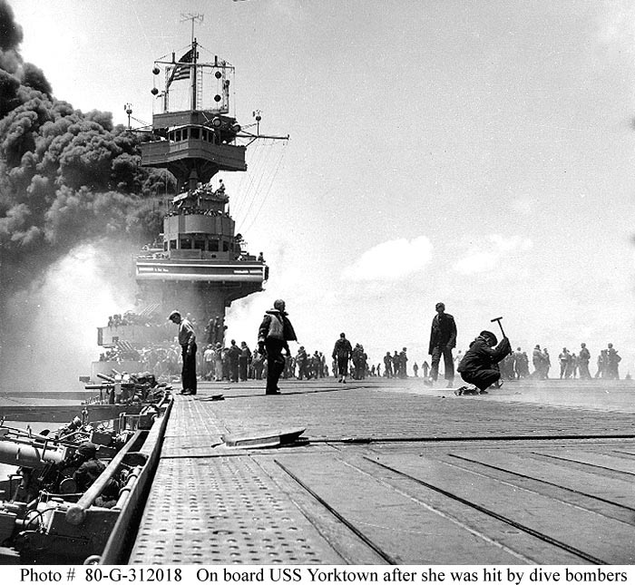 USS YORKTOWN HIT BY DIVE BOMBERS